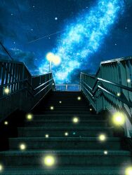 Rule 34 | artist name, cloud, commentary request, contrail, highres, kiri tsuki, milky way, night, night sky, no humans, original, outdoors, power lines, railing, scenery, signature, sky, stairs, star (sky), starry sky