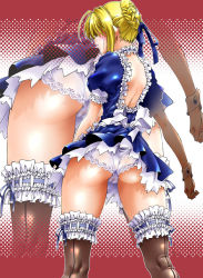 Rule 34 | 1girl, artoria pendragon (all), artoria pendragon (fate), ass, back, black thighhighs, blonde hair, bow, cameltoe, dress, fate/stay night, fate (series), frilled thighhighs, frills, from behind, hair bow, natsuno suika, official alternate costume, panties, saber (fate), solo, thighhighs, underwear, white panties, wrist cuffs, zoom layer
