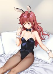 Rule 34 | 1girl, animal ears, bare arms, bare shoulders, bed sheet, black bow, black bowtie, black leotard, bow, bowtie, breasts, breasts apart, brown pantyhose, chigusa asuha, closed mouth, collarbone, commentary request, covered navel, detached collar, fake animal ears, female focus, hand up, leotard, long hair, looking down, pantyhose, pillow, playboy bunny, qualidea code, rabbit ears, reclining, red eyes, red hair, sekiya asami, sidelocks, small breasts, solo, strapless, strapless leotard, wrist cuffs