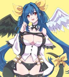 Rule 34 | 1girl, :d, angel wings, arc system works, asymmetrical wings, black panties, black wings, blue hair, bow, breasts, buttons, chemaru (a8l), cleavage, cowboy shot, detached collar, dizzy (guilty gear), gluteal fold, groin, guilty gear, guilty gear xrd, large breasts, leg lift, legs together, long hair, looking up, mature female, mature female, mini wings, monster girl, navel, open mouth, panties, red eyes, simple background, smile, solo, standing, tail, tail bow, tail ornament, thigh gap, twintails, underwear, very long hair, white wings, wings, yellow background, yellow bow