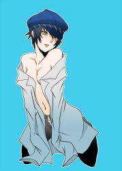 Rule 34 | 1girl, atlus, bare shoulders, cabbie hat, dark persona, hat, keh, lips, megami tensei, navel, open clothes, open shirt, panties, persona, persona 4, shadow (persona), shadow naoto, shin megami tensei, shirogane naoto, shirt, short hair, solo, striped clothes, striped panties, unbuttoned, underwear, undressing, yellow eyes