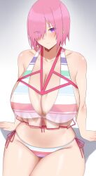 Rule 34 | 1girl, absurdres, arind yudha, bare shoulders, bikini, blush, breasts, cleavage, closed mouth, collarbone, fate/grand order, fate (series), gradient background, grey background, hair over one eye, highres, huge breasts, looking at viewer, mash kyrielight, mash kyrielight (swimsuit of perpetual summer ver.02), multicolored bikini, multicolored clothes, multicolored swimsuit, navel, official alternate costume, pink hair, purple eyes, side-tie bikini bottom, sitting, solo, stomach, striped bikini, striped clothes, swimsuit, thighs