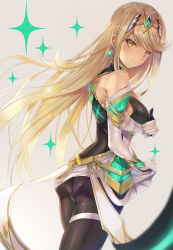 Rule 34 | 1girl, armor, ass, bare shoulders, black pantyhose, blonde hair, blush, breasts, cleavage, clothes lift, dress, earrings, floating hair, from behind, gloves, highres, inoue takuya (tactactak), jewelry, large breasts, lifting own clothes, long hair, looking at viewer, looking back, mythra (massive melee) (xenoblade), mythra (xenoblade), nintendo, panties, panties under pantyhose, pantyhose, pointing, short hair, sidelocks, simple background, skindentation, smile, solo, sparkle, super smash bros., swept bangs, thigh strap, tiara, underwear, white panties, xenoblade chronicles (series), xenoblade chronicles 2, yellow eyes