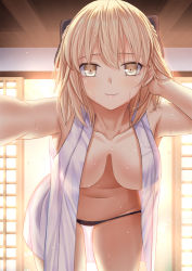 Rule 34 | 1girl, bare arms, bare shoulders, black bow, black panties, blonde hair, blush, bow, braid, breasts, brown eyes, closed mouth, collarbone, commentary request, cowboy shot, day, fate/grand order, fate (series), groin, hair between eyes, hair bow, hand in own hair, hanging breasts, indoors, japanese clothes, kimono, koha-ace, leaning forward, medium breasts, navel, okita souji (fate), okita souji (koha-ace), open clothes, open kimono, outstretched arm, panties, see-through, short kimono, sleeveless, sleeveless kimono, smile, solo, sunlight, toshi (1-147), underwear, wet, wet hair, wet kimono