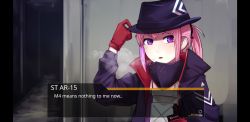 Rule 34 | 1girl, absurdres, adjusting clothes, adjusting headwear, arm up, black coat, black hat, character name, coat, english text, girls&#039; frontline, gloves, hat, highres, jacy, looking at viewer, multicolored hair, parody, parted lips, pink hair, purple eyes, purple hair, red gloves, solo, st ar-15 (girls&#039; frontline), two-tone hair