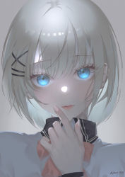 Rule 34 | 1girl, blue eyes, closed mouth, eyelashes, fingernails, glowing, glowing eyes, grey background, hair ornament, hairclip, highres, index finger raised, light smile, long sleeves, looking at viewer, portrait, short hair, siesta (tantei wa mou shindeiru), silver hair, solo, tantei wa mou shindeiru, wangza, x hair ornament