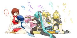 Rule 34 | 2boys, bare shoulders, blonde hair, boots, bra, breast smother, breasts, brown hair, crying, face to breasts, hair ornament, hair ribbon, hairclip, hands on own face, hatsune miku, headphones, headset, highres, hug, hug from behind, kagamine len, kagamine rin, kaito (vocaloid), lingerie, long hair, medium breasts, megurine luka, meiko (vocaloid), multiple boys, multiple girls, nyakelap, pink hair, ribbon, short hair, skirt, small breasts, thighhighs, twintails, underwear, very long hair, vocaloid