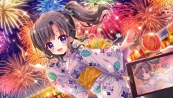 Rule 34 | 1girl, :d, aerial fireworks, black hair, blue eyes, cellphone, dot nose, dutch angle, film grain, fireworks, floral print, food stand, from side, game cg, holding, holding phone, itsumura yukari, izumi tsubasu, japanese clothes, kimono, leaf print, lens flare, looking at viewer, night, night sky, non-web source, obi, official art, open mouth, parted bangs, phone, pointing, pov, pov hands, purple kimono, re:stage!, sash, sky, smartphone, smile, solo focus, sparkle, star (sky), starry sky, summer festival, twintails, water yoyo, yellow sash, yukata