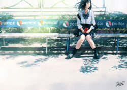 Rule 34 | 1girl, backpack, bag, bench, black eyes, black hair, bow, bowtie, cellphone, commentary, dappled sunlight, grass, kazuharu kina, knees together feet apart, light smile, looking to the side, mary janes, original, outdoors, phone, railing, school uniform, shoes, short hair, signature, sitting, smartphone, solo, sunlight, uniform, wind