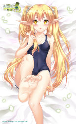 Rule 34 | &gt;:o, 1girl, :o, bare arms, bare shoulders, barefoot, blonde hair, blush, breasts, cleavage, collarbone, copyright request, covered navel, elf, feet, from above, highres, long hair, looking away, lying, official art, on back, one-piece swimsuit, original, petals, pointy ears, riyun (halodark), sidelocks, small breasts, soles, solo, swimsuit, tears, toes, twintails, v-shaped eyebrows, very long hair, yellow eyes