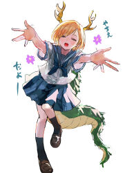 Rule 34 | 1girl, absurdres, alternate costume, antlers, blonde hair, blue skirt, closed eyes, commentary request, dragon girl, dragon horns, dragon tail, eneshi, highres, horns, kicchou yachie, open mouth, pleated skirt, reaching, reaching towards viewer, school uniform, short hair, short sleeves, simple background, skirt, smile, solo, tail, touhou, translation request, turtle shell, white background, yellow horns