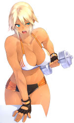 Rule 34 | 1girl, 23 (real xxiii), aqua eyes, bare shoulders, blonde hair, blue eyes, breasts, breath, cleavage, covered erect nipples, curvy, dark-skinned female, dark skin, dumbbell, exercising, female focus, fingerless gloves, gloves, highres, large breasts, lips, midriff, muscular, muscular female, navel, open mouth, original, sela (23), short hair, short shorts, shorts, solo, sweat, tan, thigh gap, thighs, toned, uneven eyes, weightlifting