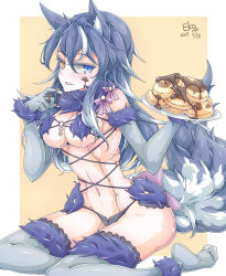 Rule 34 | 10s, 1girl, animal ears, artist name, black hair, blue eyes, blush, breasts, chocolate, cosplay, elbow gloves, falco arrow, food, fur trim, gloves, grey wolf (kemono friends), halloween costume, heterochromia, highres, kemono friends, large breasts, long hair, looking at viewer, mash kyrielight, mash kyrielight (dangerous beast), mash kyrielight (dangerous beast) (cosplay), midriff, multicolored hair, navel, official alternate costume, open mouth, sitting, solo, tail, thighhighs, two-tone hair, wolf ears, wolf tail, yellow eyes
