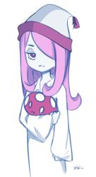 Rule 34 | 1girl, boogy (mnmnjuguna), female focus, hair over one eye, hat, little witch academia, looking at viewer, pink hair, red eyes, simple background, solo, sucy manbavaran, upper body, white background