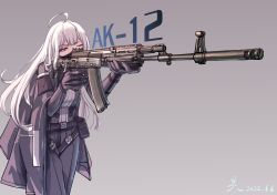 Rule 34 | 1girl, ahoge, ak-12, ak-12 (girls&#039; frontline), assault rifle, belt, black cape, cape, character name, chinese commentary, dated, feet out of frame, girls&#039; frontline, gloves, grey background, grey hair, gun, highres, holding, holding gun, holding weapon, kalashnikov rifle, long hair, one eye closed, pants, purple eyes, rifle, solo, standing, tactical clothes, weapon, woyouzhixiboliyadacangshu