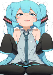 Rule 34 | 1girl, abmayo, aged down, aqua hair, bare shoulders, black skirt, black sleeves, black thighhighs, blue eyes, blue necktie, blush, check commentary, commentary request, detached sleeves, flat chest, green hair, green necktie, grey shirt, hair ornament, hatsune miku, long hair, looking at viewer, miniskirt, necktie, open mouth, oversized clothes, pleated skirt, shirt, sitting, skirt, sleeveless, sleeveless shirt, sleeves past fingers, sleeves past wrists, solo, sweat, thighhighs, tie clip, twintails, very long hair, vocaloid, wariza