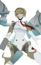 Rule 34 | 1girl, aegis (persona), android, blonde hair, blue eyes, breasts, closed mouth, hairband, highres, igusaharu, joints, large breasts, looking at viewer, persona, persona 3, robot ears, robot joints, short hair, simple background, solo, white background