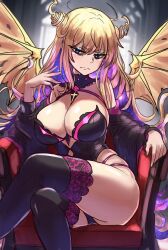 Rule 34 | 1girl, absurdres, armchair, black leotard, black sleeves, black thighhighs, blonde hair, blue eyes, blurry, blurry background, breasts, bright pupils, chair, cleavage, colored inner hair, commentary, coronzon (toaru), crossed legs, demon girl, demon wings, detached collar, detached sleeves, ebora, english commentary, frown, glaring, hair between eyes, highres, indoors, lace, lace-trimmed legwear, lace trim, large breasts, leotard, long hair, looking at viewer, multicolored hair, sitting, sky, solo, spoilers, star (sky), starry sky, strapless, strapless leotard, thighhighs, thighs, toaru majutsu no index, toaru majutsu no index: new testament, wings