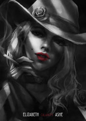 Rule 34 | 1girl, absurdres, alternate headwear, ashe (overwatch), asymmetrical hair, between fingers, character name, choker, cigarette, close-up, commentary, english commentary, eyelashes, fedora, film noir, flower, greyscale, hat, hat flower, highres, holding, lipstick, makeup, medium hair, mobster ashe, mole, mole above mouth, monochrome, monori rogue, official alternate costume, overwatch, overwatch 1, red eyes, smoking, solo, spot color, white hair
