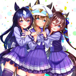 Rule 34 | 3girls, :d, ;d, animal ears, black hair, blue eyes, blue ribbon, blush, bow, bowtie, brown hair, cheval grand (umamusume), commentary request, confetti, cowboy shot, ear covers, hair between eyes, hair ribbon, hat, highres, horse ears, horse girl, horseshoe ornament, long hair, looking at viewer, mole, mole under eye, multicolored hair, multiple girls, one eye closed, open mouth, peaked cap, petticoat, pleated skirt, puffy short sleeves, puffy sleeves, purple bow, purple bowtie, purple serafuku, purple shirt, purple thighhighs, ribbon, sailor collar, sailor hat, sailor shirt, school uniform, serafuku, shirt, short hair, short sleeves, siblings, single ear cover, sisters, skirt, smile, streaked hair, sugimotty nova, thighhighs, tracen school uniform, twintails, two-tone hair, umamusume, verxina (umamusume), vivlos (umamusume), white background, white hair, white headwear, white skirt