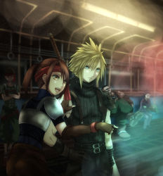 Rule 34 | 1girl, 4boys, armor, barret wallace, biggs (ff7), black shirt, blonde hair, blue eyes, brown eyes, brown gloves, brown hair, buster sword, cloud strife, commentary request, final fantasy, final fantasy vii, final fantasy vii remake, fingerless gloves, formal, gloves, headband, jessie rasberry, multiple boys, nikuman (samara), pauldrons, red headband, ribbed shirt, shinra middle manager, shirt, short ponytail, shoulder armor, spiked hair, square enix, suit, train interior