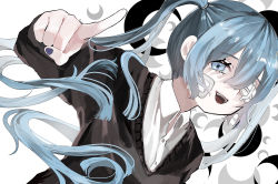 Rule 34 | 1girl, absurdres, black shirt, blue eyes, blue hair, blue nails, blunt ends, buttons, collared shirt, commentary, crescent, dutch angle, gauze, hair between eyes, half-closed eyes, hanataro (sruvhqkehy1zied), hand up, hatsune miku, highres, index finger raised, long hair, long sleeves, looking at viewer, nail polish, one eye covered, open mouth, partially unbuttoned, rolling girl (vocaloid), scoop neck, shirt, sleeves past wrists, solo, sweater, teeth, twintails, upper body, upper teeth only, vocaloid, white background, white shirt, wing collar