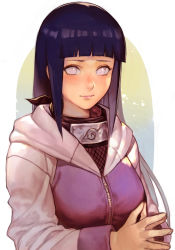 Rule 34 | 1girl, black hair, blunt bangs, blush, breasts, closed mouth, fingernails, fishnets, forehead protector, grey eyes, hime cut, hood, hood down, hooded jacket, hungry clicker, hyuuga hinata, jacket, konohagakure symbol, large breasts, lips, long hair, long sleeves, looking at viewer, naruto (series), naruto shippuuden, no pupils, own hands together, pink lips, purple jacket, sidelocks, solo, straight hair, upper body, white sleeves, zipper