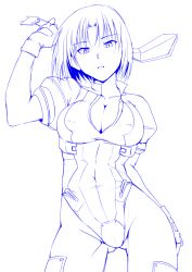 Rule 34 | 1girl, breasts, cleavage, cosmic break, halcon, katalina b.g., looking at viewer, monochrome, short hair, simple background, solo, white background