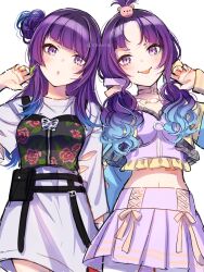 Rule 34 | 2girls, blue hair, blue nails, blunt bangs, collar, crop top, dress, earrings, gradient hair, grey dress, hair bun, highres, idolmaster, idolmaster shiny colors, jewelry, l&#039;antica (idolmaster), long hair, long sleeves, looking at viewer, midriff, miniskirt, multicolored hair, multiple girls, nail polish, navel, one side up, open mouth, pleated skirt, purple eyes, purple hair, shinishi chiho, short dress, simple background, sketch, skirt, solo, standing, stomach, tanaka mamimi, tongue, tongue out, torn clothes, torn sleeves, twitter username, white background, white skirt, yellow nails