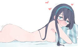 Rule 34 | 10s, 1girl, ass, bad id, bad pixiv id, black hair, blue eyes, blush, breasts, full-face blush, glasses, hairband, heart, kaika, kantai collection, long hair, looking at viewer, looking to the side, lying, nipples, nude, hugging object, on stomach, ooyodo (kancolle), pillow, pillow hug, solo, trembling