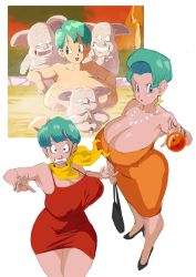 Rule 34 | 1girl, animal, bag, bare shoulders, blue eyes, breasts, bulma, cleavage, clenched teeth, completely nude, covered erect nipples, double v, dragon ball, dragon ball (object), dragon ball gt, dragonball z, dress, earrings, full body, green hair, handbag, hands up, high heels, highres, hoop earrings, huge breasts, jewelry, legs, looking at viewer, mature female, multiple views, necklace, nipples, nude, onsen, oolong, open mouth, orange dress, outdoors, partially submerged, pearl necklace, penis, pig, red dress, scarf, serious, short hair, simple background, sitting, smile, standing, steam, strapless, strapless dress, teeth, thick thighs, thighs, ultivlad, uncensored, v, water, wet, white background, yellow scarf