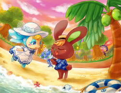 Rule 34 | 1girl, 2boys, alternate costume, anchor symbol, animal crossing, artist name, barefoot, blonde hair, blue bow, blue bowtie, blue eyes, blue eyeshadow, blue flower, blue fur, blue kimono, blue ribbon, blue rose, blue shirt, blush, blush stickers, boater hat, body fur, bottomless, bouquet, bow, bowtie, brown fur, buttons, closed eyes, cloud, coconut, coconut tree, conch, constricted pupils, coral, dress, ears down, english text, eyeshadow, fisheye, flat chest, flower, footprints, francine (animal crossing), full body, furry, furry female, furry male, furry with furry, gradient sky, grass, half-closed eyes, hand to own mouth, hand up, hands up, happy, hat, hat flower, heart, hetero, highres, holding, holding bouquet, hood, hood up, japanese clothes, kimono, leg up, lifebuoy, long dress, looking at another, makeup, multiple boys, nintendo, nose blush, o&#039;hare (animal crossing), open mouth, orange hair, outdoors, palm tree, peeking out, pineapple print, pink fur, pink sky, rabbit boy, rabbit ears, rabbit girl, rabbit tail, ribbon, rose, sailor collar, sand, seashell, shell, shii (no-va could), shirt, short hair, short sleeves, signature, sky, smile, snake (animal crossing), sparkle, standing, standing on one leg, sun hat, sunset, swept bangs, swim ring, teeth, tree, two-tone fur, u u, water, white dress, white flower, white headwear, white rose, white sailor collar, yellow fur, yellow headwear