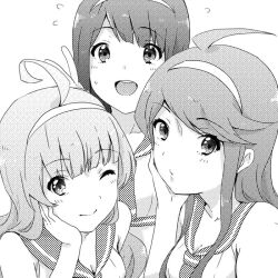 Rule 34 | 3girls, ahoge, blush stickers, closed mouth, collared shirt, commentary request, eyelashes, flying sweatdrops, greyscale, hairband, hand on own cheek, hand on own face, hand up, idolmaster, idolmaster million live!, long hair, looking at viewer, monochrome, multiple girls, neckerchief, open mouth, parted lips, sailor collar, sailor shirt, school uniform, shimabara elena, shirt, sidelocks, smile, straight hair, tanaka kotoha, teeth, tokoro megumi, upper body, upper teeth only, v, wavy hair, white background, witoi (roa)