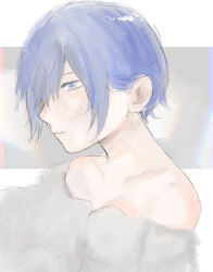 Rule 34 | 1girl, blue eyes, blue hair, closed mouth, collarbone, crow (crow0512 ), from side, hair over one eye, highres, kirishima touka, portrait, profile, short hair, smile, solo, tokyo ghoul, tokyo ghoul:re