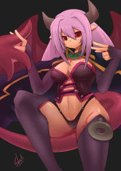 Rule 34 | 1girl, adunba rell, alma elma, artist name, black background, breasts, cape, cleavage, collar, demon girl, elbow gloves, fingerless gloves, gloves, horns, long hair, looking at viewer, mon-musu quest!, monster girl, panties, purple hair, red eyes, revealing clothes, simple background, skello, skello-on-ice, smile, solo, tail, tattoo, thighhighs, thong, underwear, very long hair, wide hips, wings