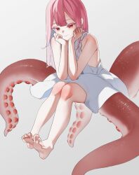 Rule 34 | 1girl, barefoot, closed mouth, colored skin, commentary request, dress, grey background, hand on own cheek, hand on own face, highres, legs, looking at viewer, maizaisus, monster girl, multicolored skin, original, pink hair, red eyes, red skin, simple background, sitting, sleeveless, sleeveless dress, smile, solo, suction cups, tentacles, white dress