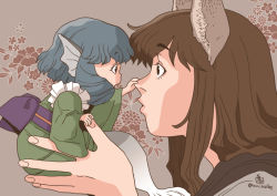 Rule 34 | 2girls, alternate size, animal ears, black eyes, blue hair, brown hair, commentary, drill hair, eye contact, fins, floral background, green kimono, grey background, hand on another&#039;s face, head fins, holding nose, holding person, imaizumi kagerou, japanese clothes, kimono, long hair, long sleeves, looking at another, mermaid, mini person, minigirl, monster girl, multiple girls, obi, onikobe rin, outstretched arm, parted lips, sash, short hair, short kimono, signature, sitting, standing, touhou, twitter username, upper body, wakasagihime, wolf ears