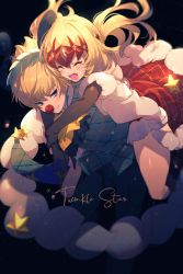 Rule 34 | 1boy, 1girl, alternate costume, ascot, black background, black gloves, blonde hair, blush, brother and sister, buttons, castor (fate), christmas, commentary request, diadem, dress, echo (circa), elbow gloves, english text, closed eyes, fate/grand order, fate (series), fur-trimmed dress, fur-trimmed gloves, fur trim, gloves, hair between eyes, hair ornament, hug, hug from behind, long hair, long sleeves, open mouth, pants, parted lips, plaid, plaid dress, pollux (fate), purple eyes, red dress, red nose, shirt, short hair, siblings, simple background, smile, star (symbol), teeth, twinkle star (fate/grand order), twins, white shirt