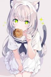 Rule 34 | 1girl, animal ear fluff, animal ears, black neckerchief, blush, cat ears, cat girl, cat tail, commentary, cropped legs, doughnut, food, food in mouth, frilled skirt, frills, from below, green eyes, grey background, hair between eyes, hair intakes, hand up, highres, long hair, looking at viewer, neckerchief, original, paw pose, sailor collar, school uniform, serafuku, short sleeves, simple background, sitting, skirt, solo, sparkle, symbol-only commentary, tail, tantan men (dragon), white hair, white sailor collar, white serafuku, white skirt