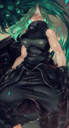 Rule 34 | 1girl, absurdres, arknights, arms at sides, bare shoulders, black gloves, black pants, black shirt, breasts, clothes down, covered mouth, feet out of frame, gloves, green eyes, green hair, hannya (arknights), highres, horns, hoshiguma (arknights), ibuo (ibukht1015), large breasts, long hair, looking at viewer, looking down, pants, sanpaku, shirt, single horn, skin-covered horns, sleeveless, solo, standing, toned, turtleneck, unzipped