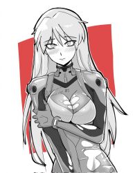 Rule 34 | 1girl, arms under breasts, artist request, blush, bodysuit, breasts, breasts squeezed together, evangelion: 3.0+1.0 thrice upon a time, greyscale with colored background, hair down, highres, lips, long hair, long sleeves, looking at viewer, medium breasts, monochrome, neon genesis evangelion, pilot suit, plugsuit, rebuild of evangelion, shiny clothes, solo, souryuu asuka langley, torn bodysuit, torn clothes, tsundere, twitter username, very long hair, wide hips