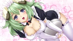 Rule 34 | 1girl, animal ears, blue eyes, blush, breasts, cleavage, detached collar, dog ears, elbow gloves, game cg, gloves, grey hair, hair ornament, hairclip, itokazu rei, large breasts, leaning forward, looking at viewer, love replica, maid, maid headdress, mole, mole under eye, open mouth, short hair, smile, solo, takada kazuhiro, thighhighs, tray, white gloves, white thighhighs