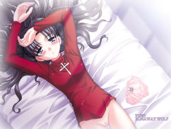 Rule 34 | 00s, 1girl, arms up, bed, black hair, blue eyes, blush, bottomless, cum, fate/stay night, fate (series), from above, hair spread out, hand on forehead, long hair, lying, nakajima akihiko, no panties, on back, on bed, panties, unworn panties, parted lips, pussy, solo, sweat, tohsaka rin, uncensored, underwear
