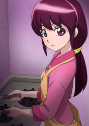 Rule 34 | 10s, 1girl, aino kaori, apron, butt crack, happinesscharge precure!, haruyama kazunori, long hair, looking at viewer, ponytail, precure, red eyes, red hair, sleeves rolled up, solo, stove