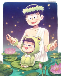 Rule 34 | 2boys, animal costume, bug, chibi, closed eyes, dual persona, fingernails, firefly, frog costume, green eyes, honest axe, insect, laurel crown, lily pad, male focus, matsuno choromatsu, meoon, multiple boys, night, night sky, open mouth, osomatsu-san, parody, robe, sky, toga, triangle mouth, wading, water lily flower