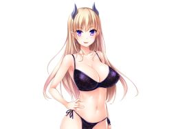 Rule 34 | 1girl, bare arms, bare shoulders, blonde hair, blush, bra, breasts, character request, cleavage, cowboy shot, demon girl, earrings, eyebrows, game cg, groin, hand on own hip, horns, jewelry, large breasts, long hair, looking at viewer, mashouki tiruana haramase saimin, navel, parted lips, purple eyes, saxasa, simple background, smile, solo, standing, thong, underwear, upper body, white background