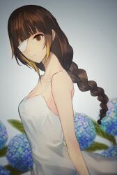 Rule 34 | 1girl, breasts, brown eyes, brown hair, closed mouth, eyepatch, flower, girls&#039; frontline, highres, long hair, looking at viewer, m16a1 (girls&#039; frontline), scar, shirt, smile, white shirt, xanax025