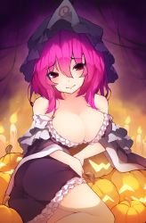 Rule 34 | 1girl, alternate color, bare shoulders, black dress, black hat, breasts, candle, chiroru (cheese-roll), cleavage, commentary request, dress, feet out of frame, frills, halloween, hat, highres, jack-o&#039;-lantern, large breasts, light smile, long sleeves, looking at viewer, mob cap, off-shoulder dress, off shoulder, pink hair, pumpkin, red eyes, saigyouji yuyuko, short dress, short hair, solo, thighs, touhou, triangular headpiece, wide sleeves