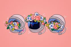 Rule 34 | artist name, broken, broken glass, broken helmet, flower, glass, helmet, leaf, meyoco, no humans, original, pink background, pink flower, simple background, space helmet, sparkle, white flower
