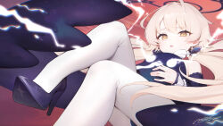 Rule 34 | 1girl, alternate costume, artist name, bad id, bad twitter id, bare shoulders, blonde hair, blue archive, commentary request, dated, detached sleeves, english text, fine fabric emphasis, frilled sleeves, frills, halo, hifumi (blue archive), high heels, highres, knees up, looking at viewer, low twintails, mcg6, perorozilla (blue archive), red sky, signature, sky, solo, starry sky print, thighhighs, twintails, white thighhighs, yellow eyes